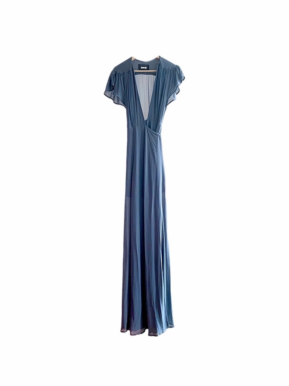 Reformation Slate La Rosey Blue Flutter-Sleeve Wrap Maxi Dress